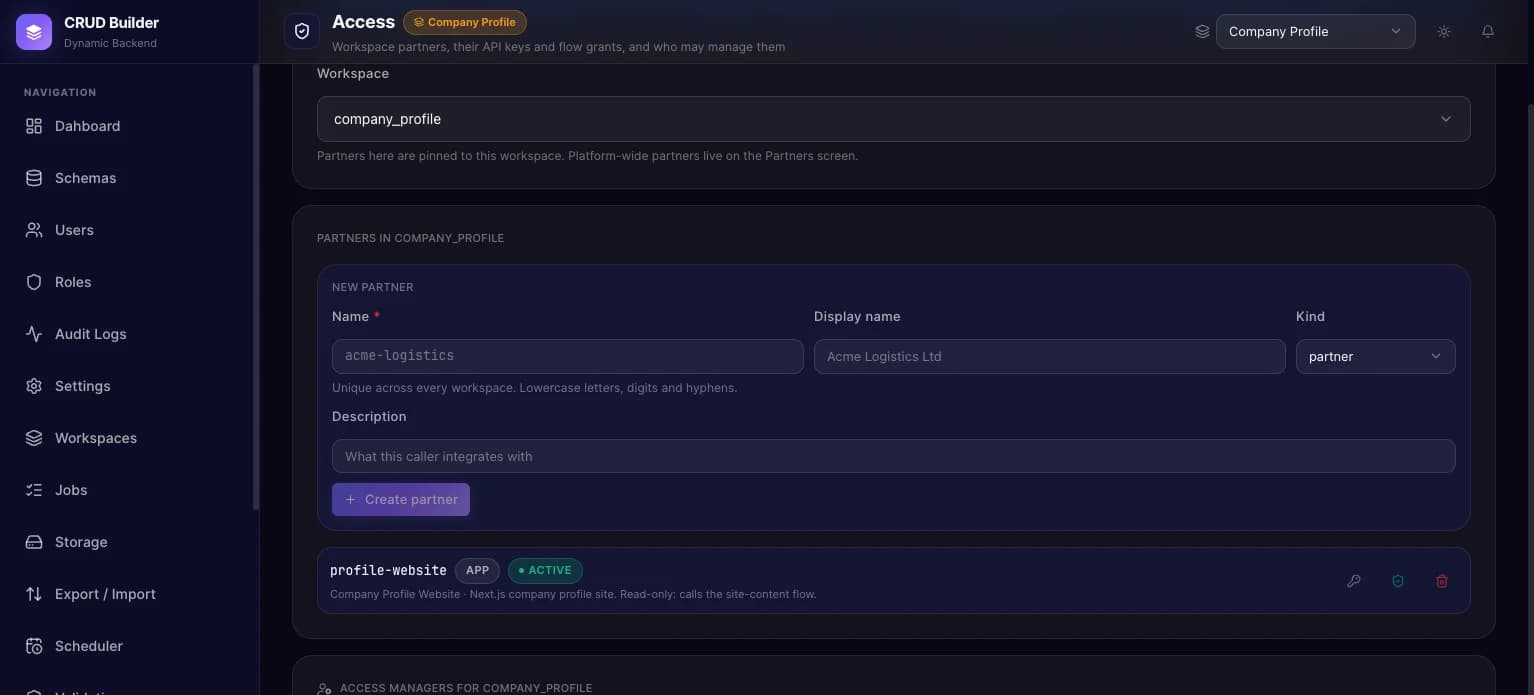 Access page with a partner and its key and grant controls