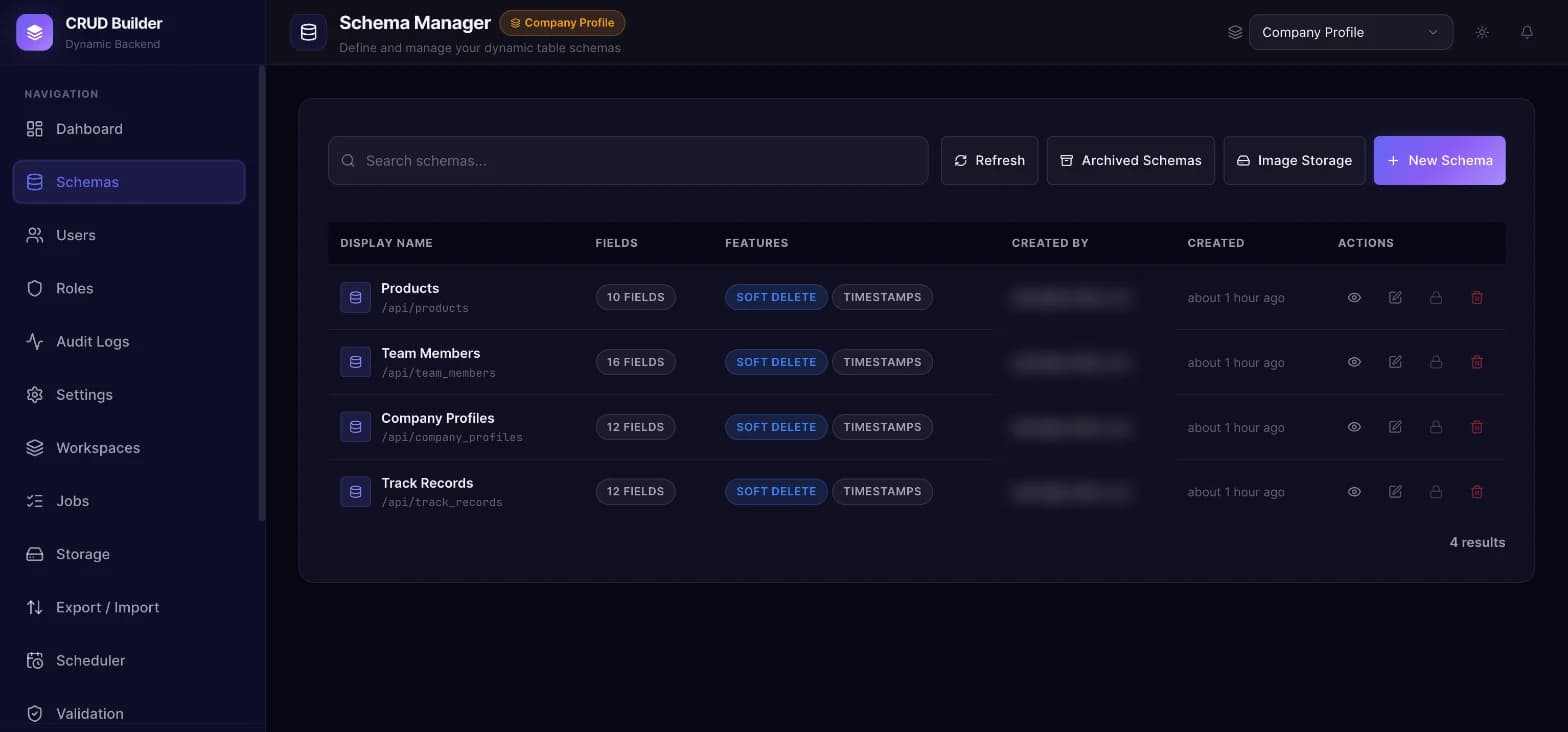 Schema manager listing tables